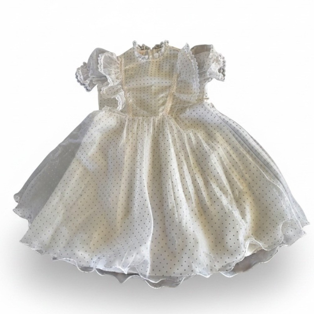 Vintage Girls Prairie Dress Full Polka Dot Purple Chiffon Lace Ruffle 8‎